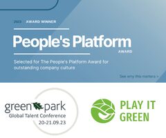 three logos in this image, peoples platform award, green park global talent conference and play it green.
